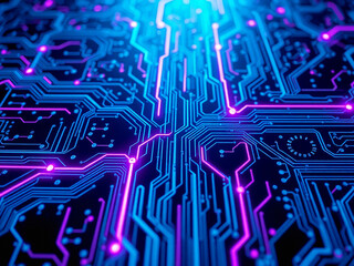 An abstract image of a high-tech circuit board with glowing neon blue and purple lines symbolizing electric currents. The board should fill the entire frame, making a complex, detailed pattern. 