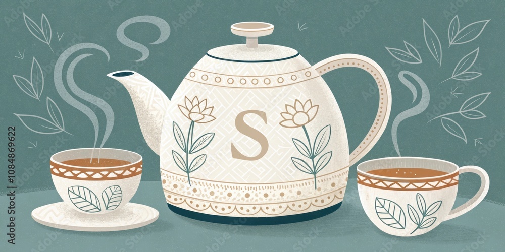 Poster teapot illustration a graceful teapot adorned with a subtle s pattern accompanied by cups featuring 