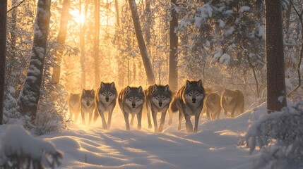 26. A pack of wolves walking through a snow-covered forest, their dark fur becoming washed out by the intense sunlight