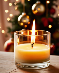 The Christmas candle's light enhances the cozy holiday atmosphere.