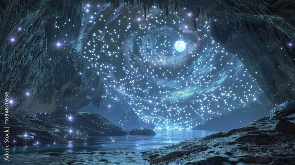 Poster A mystical cave with a glittering starstudded ceiling that seems to shift and move like the sky complete with a glowing floating moon.