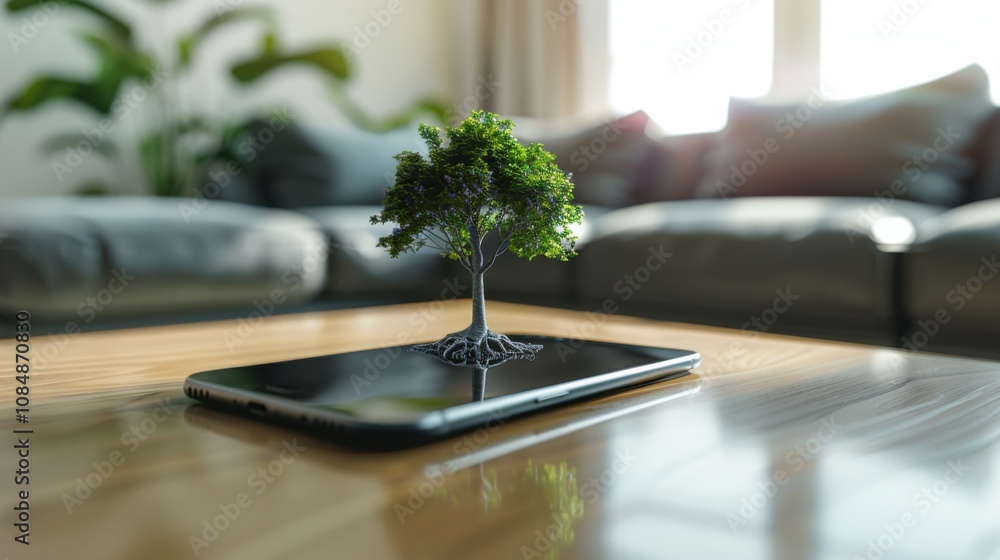 Poster a smartphone screen with a tree growing out of it, set on a modern coffee table, symbolizing the int