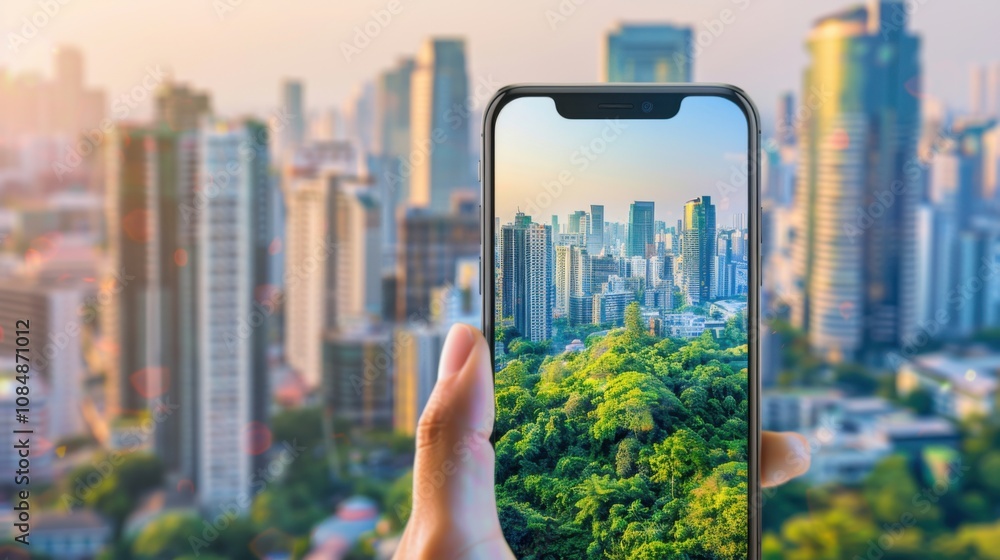 Poster a smartphone with a nature scene displayed on its screen, against a cityscape background, symbolizin