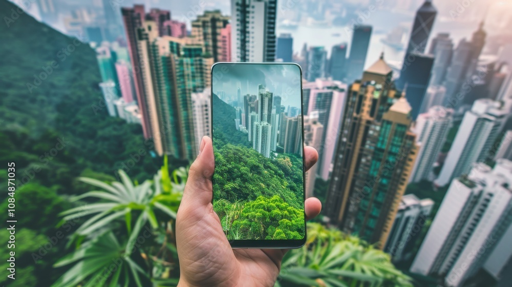Poster a smartphone with a nature scene displayed on its screen, against a cityscape background, symbolizin