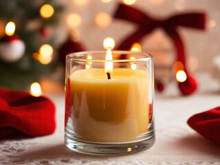 The Christmas candle's flame casts a warm glow over the decorations.