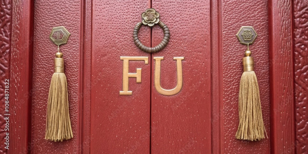 Aufkleber textured surface a red door with a textured surface featuring a large fu character embossed in gold 