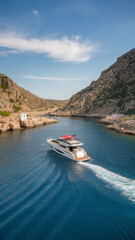 Fototapeta premium Yacht cruising through scenic coastal cliffs. Outdoor lifestyle summer photography wallpaper with lakes and mountains.