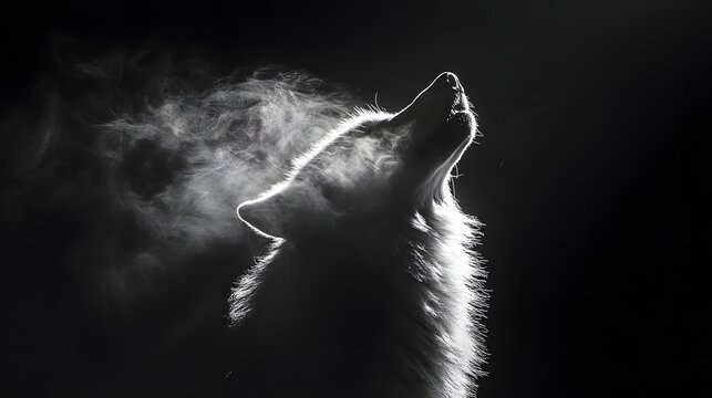 34. A wolf howling at the sky, the image overexposed to the point where only the outline of the wolf is visible