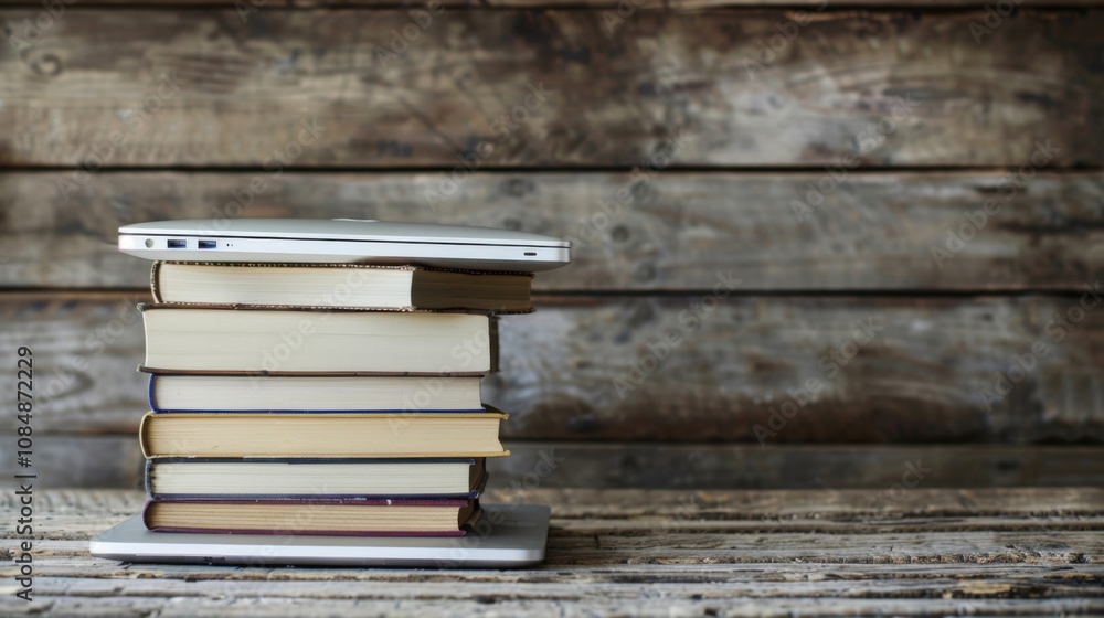Poster a stack of books with a laptop balanced on top, on a rustic wooden table, symbolizing the convergenc