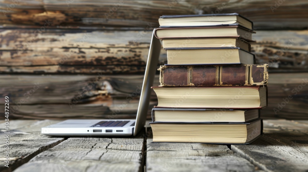 Poster a stack of books with a laptop balanced on top, on a rustic wooden table, symbolizing the convergenc