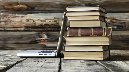 A stack of books with a laptop balanced on top, on a rustic wooden table, symbolizing the convergence of traditional learning and modern technology