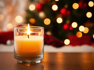 A lit Christmas candle adds a warm touch to the holiday decor.