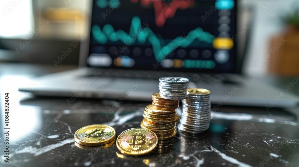 Poster a stack of coins with a small digital screen displaying stock market trends on top, set on a marble 