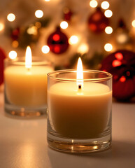 A lit Christmas candle adds a warm touch to the holiday decor.