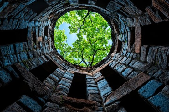 Gothic water well surrounded by dark, twisted trees, mysterious atmosphere and deep shadows