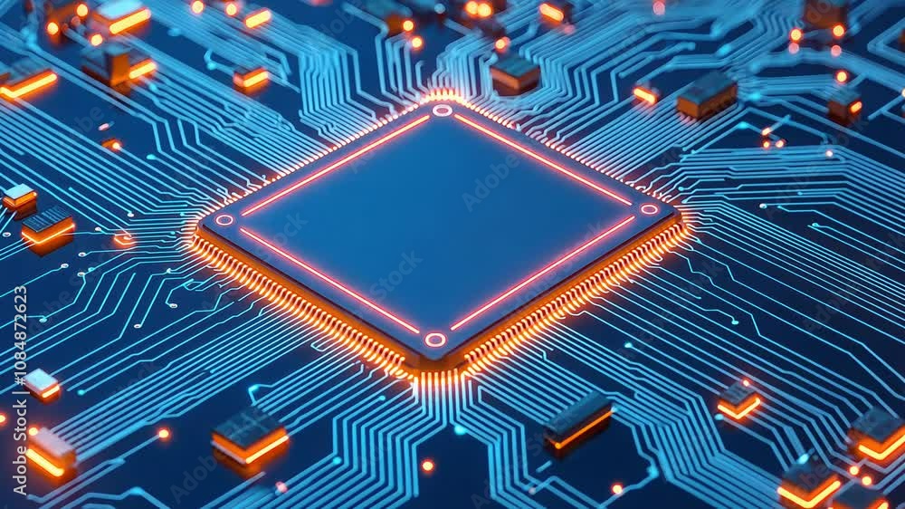 Poster close-up view of microprocessor on circuit board with intricate details and glowing traces, advanced