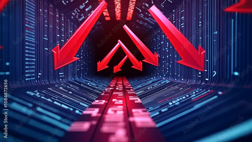 Poster abstract digital background featuring arrows and code elements, data movement and technology trends.