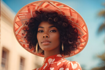 A woman wearing a red hat and orange dress poses for a photo