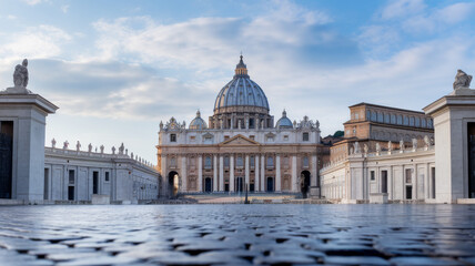 Obraz premium Iconic view of St. Peter’s Basilica facade. Travel landmark photography wallpaper with inspiring iconic architecture in day time setting.