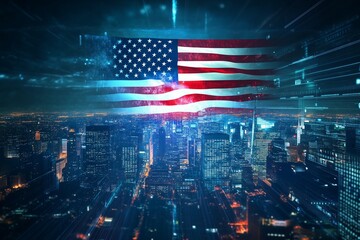 A holographic projection of the American flag hovering above a futuristic city skyline: A vision of patriotism in a high-tech world