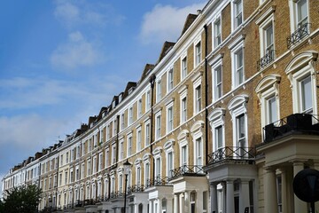 Long row of brick townhouses, London Borough of Kensington