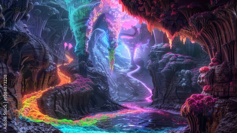 Poster a maze of interconnected caves each with its own surreal landscape from twisting rainbowcolored stal