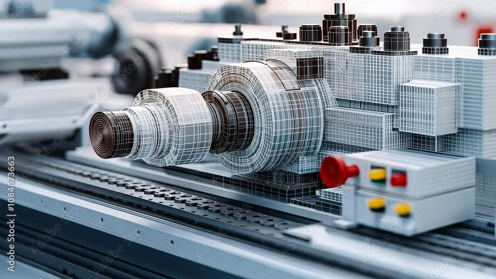 Poster wireframe close-up of precision machine component in modern workshop, advanced engineering