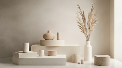 Minimalist decor with pottery and dried plants on neutral backdrop.