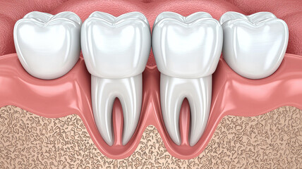 3D illustration of dental anatomy showing healthy teeth and gums. This detailed representation highlights structure and alignment of molars and incisors, emphasizing oral health