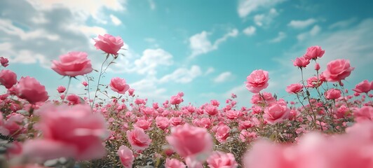 extreme low angle of a pink rose field bg blue sky close up