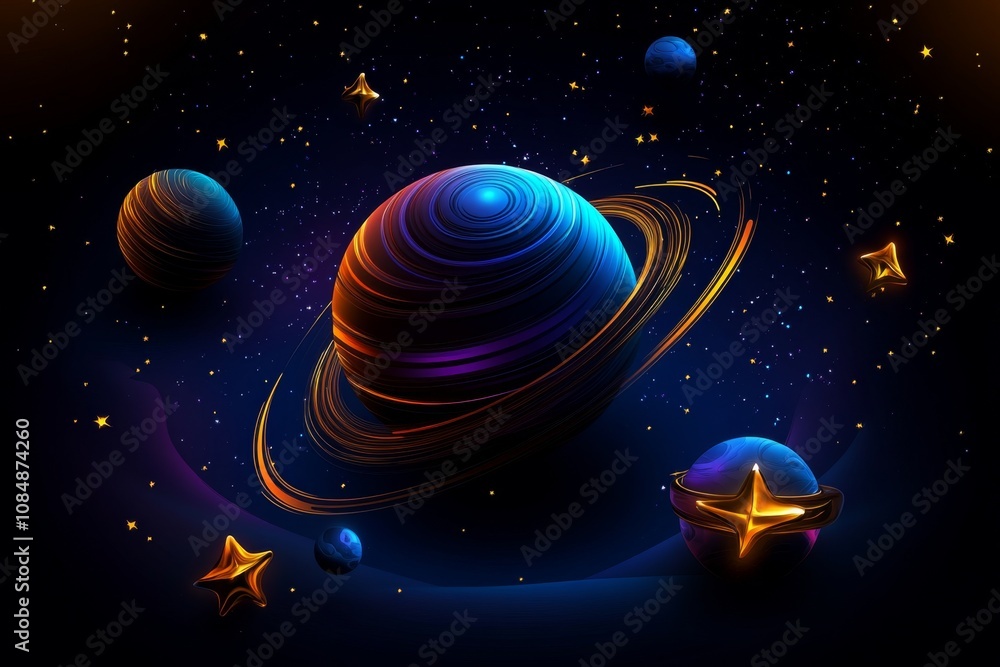 Poster pixel art of a universe with planets, stars, and a tiny spaceship, retro 8-bit style with vibrant co