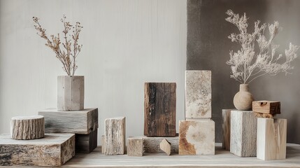 Minimalist decor with wooden blocks and dried flowers in vases.