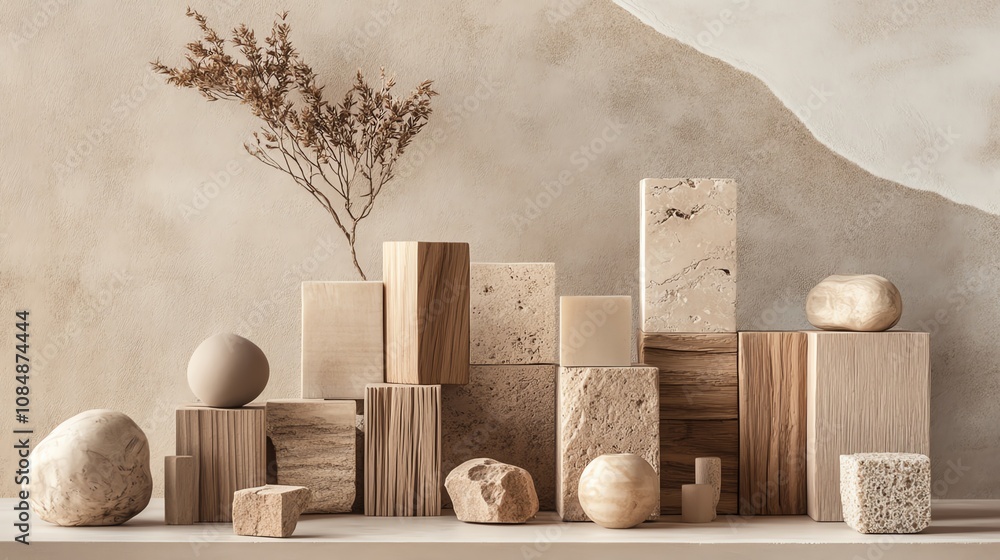 Poster minimalist wooden blocks with branch in rustic setting.