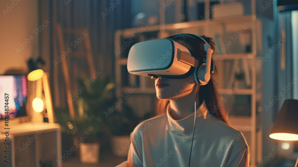 Poster a stylish minimalist workspace with a person using a virtual reality headset, surrounded by clean li