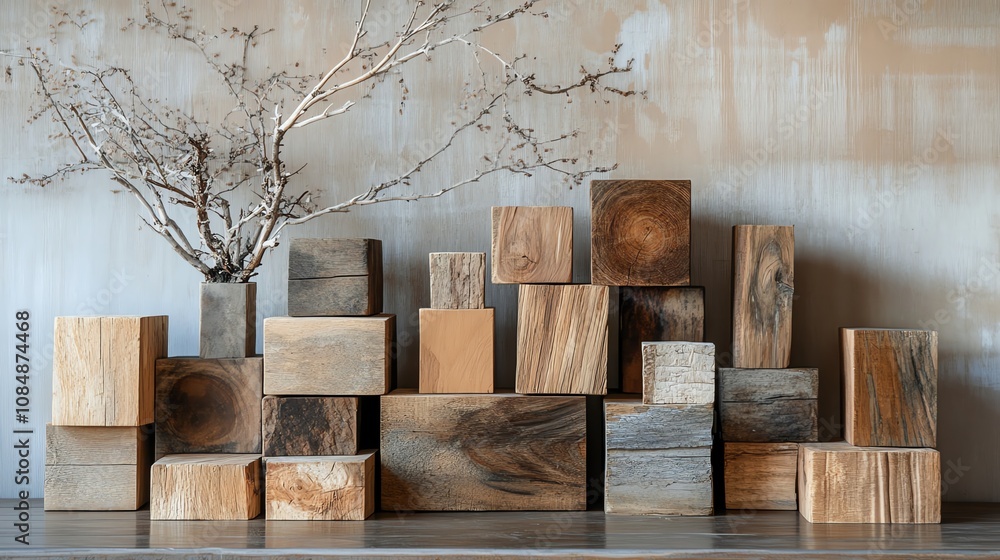 Poster abstract wooden blocks and dry branches in rustic composition.
