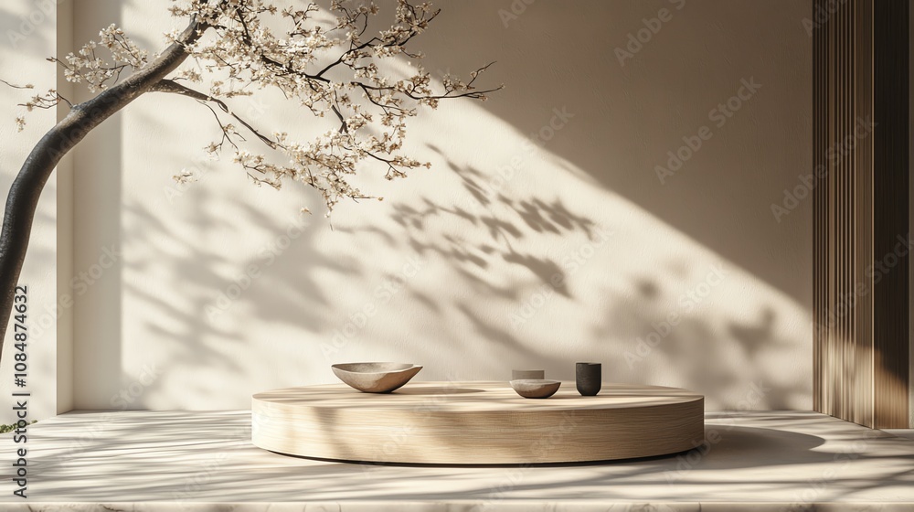 Poster serene minimalist setting with soft light and natural elements.
