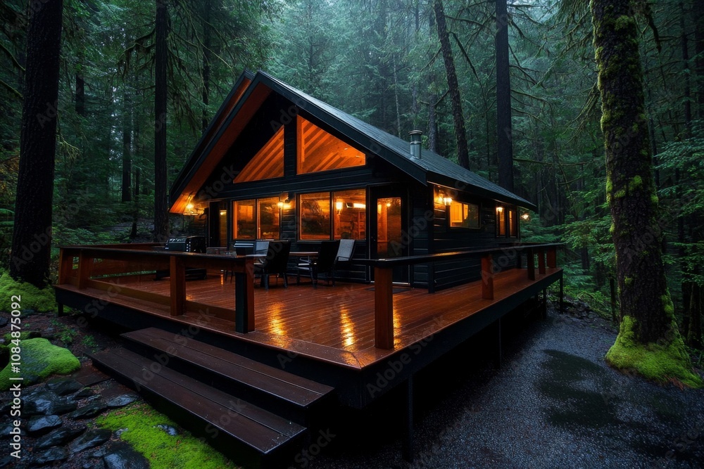 Poster Rustic wooden cabin in a dense forest, surrounded by trees with moss and natural light filtering through