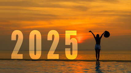Happy new year card 2025. Silhouette lifestyle woman yoga raise arm standing as part of Number 2025...