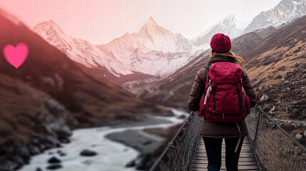 Fototapeta premium Hiker crossing a bridge in the mountains during sunset, showcasing breathtaking scenery and a sense of adventure