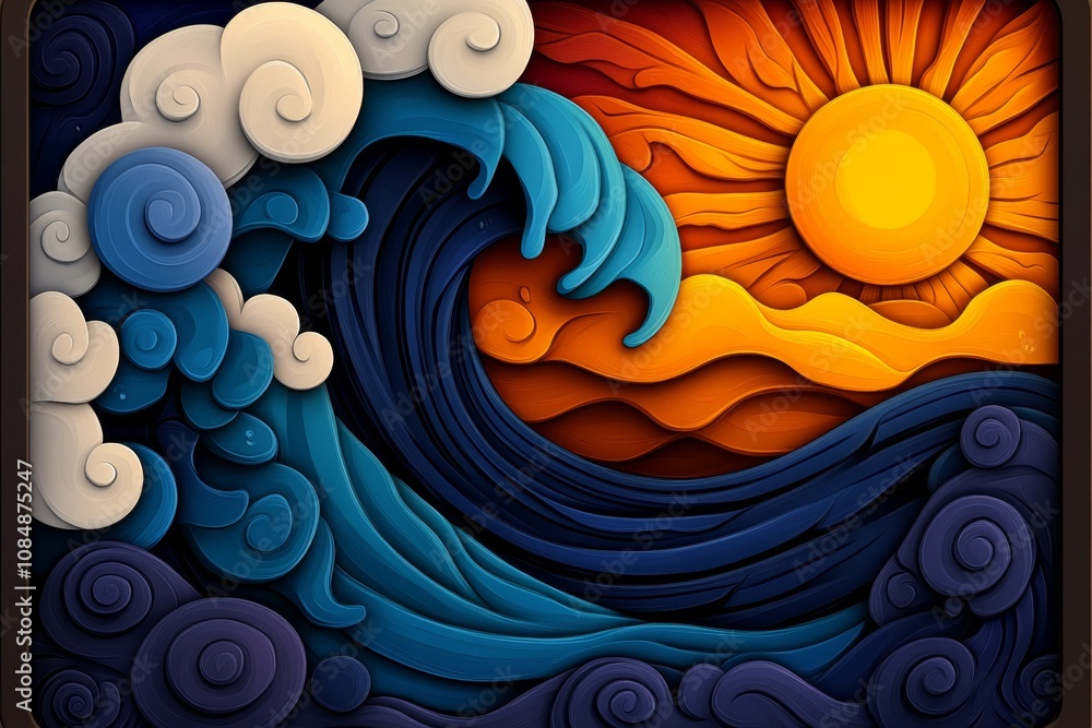 Poster simple 2d drawing of ocean waves with a setting sun, vibrant colors on a white background