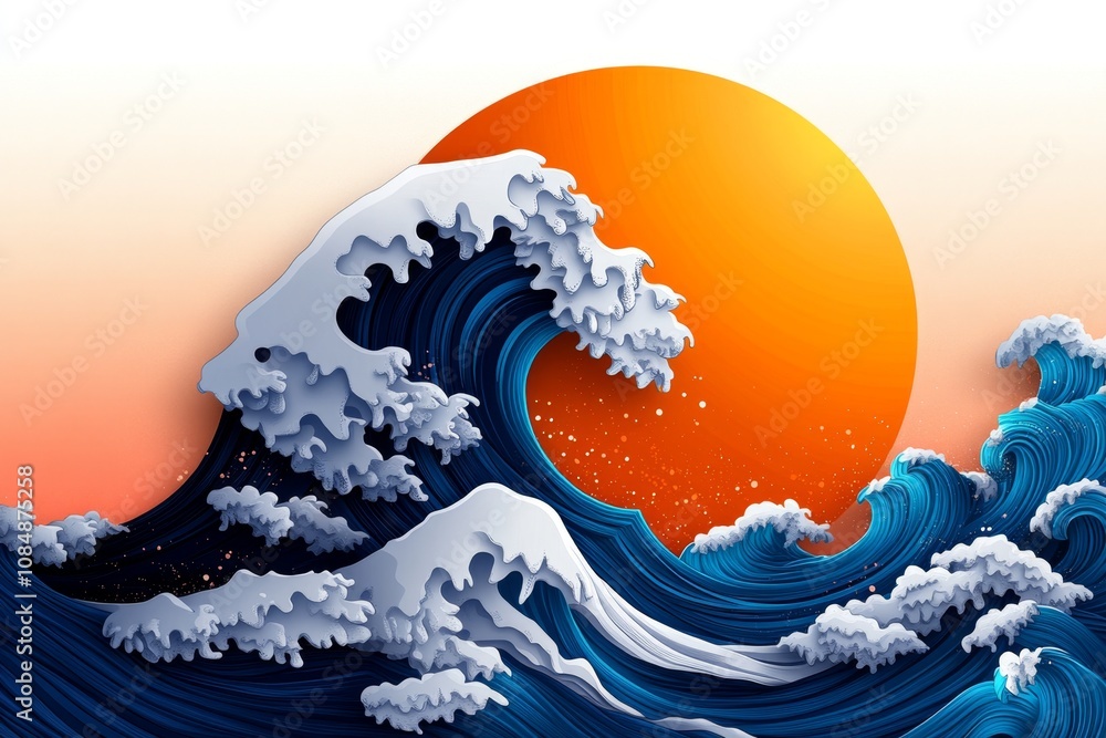 Poster simple 2d drawing of ocean waves with a setting sun, vibrant colors on a white background