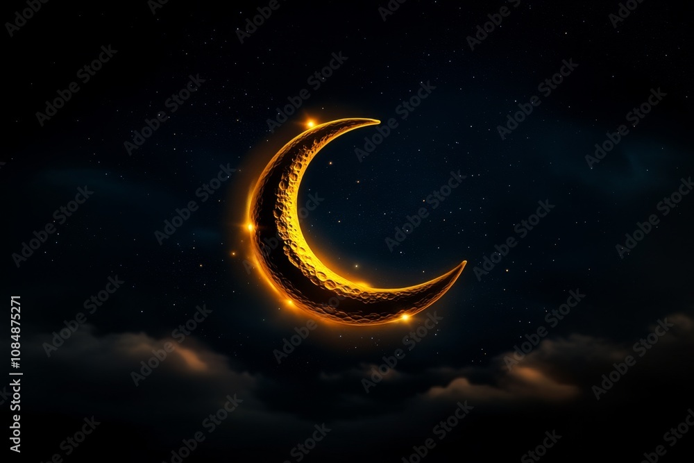 Poster simple design of a crescent moon with faint stars, minimalist style on a dark background