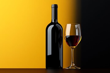 Simple design of a wine bottle and glass, using basic geometric shapes and a two-tone palette
