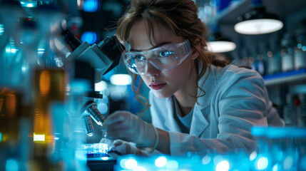 Focused female scientist in protective goggles conducting research with microscope in high-tech laboratory.
