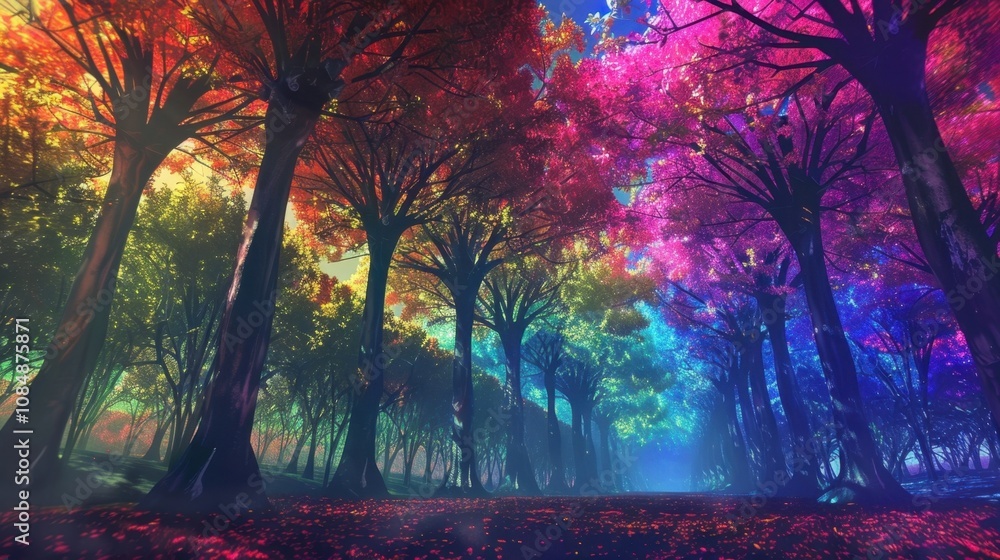Poster trees covered in rainbowcolored leaves swaying and bending in time with the pulsating beat of hypnot