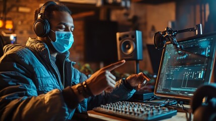 Man in face mask using computer and audio equipment in home studio.