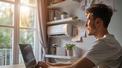 Fototapeta premium Man working on a laptop by the window in a bright home office with natural light and indoor plants.