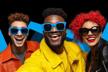 Obraz premium Stylish group of friends on an urban bridge, laughing and bonding over a selfie in trendy outfits