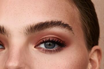 Fototapeta premium A woman with brown hair and blue eyes is wearing makeup