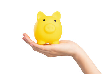 Hand holding yellow piggy bank for saving money on white background.